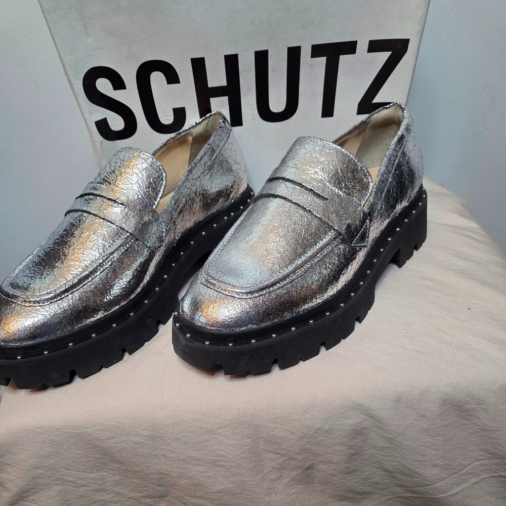 Schultz Silver Metallic Platform Penny Loafers